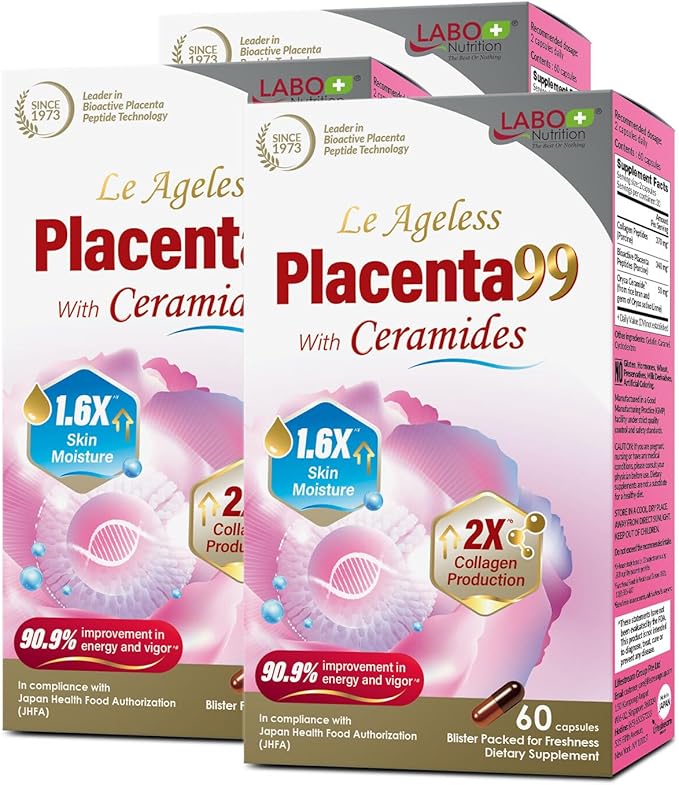 LABO Nutrition Le Ageless Placenta 99 with Ceramides -Placenta Supplement with Collagen Peptides Oryza Ceramides-Skin Regeneration Hydration Anti-Aging Wrinkle Support Immune Health 60 Capsulesx3