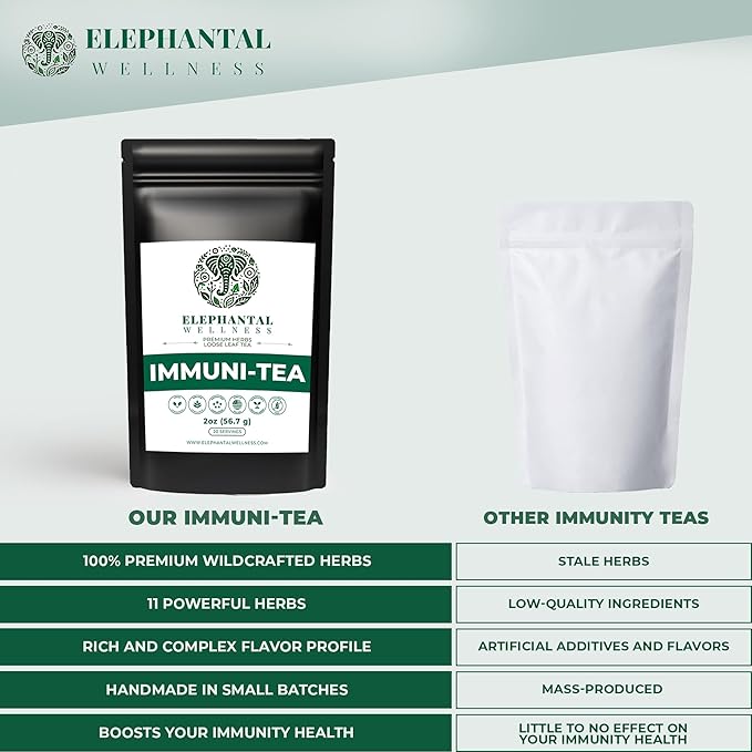 Elephantal Wellness Premium Immuni-Tea | Immune System &amp Respiratory Support with Reishi Clove Echinacea &amp Elderberry | Handmade Caffeine-Free Non-GMO Loose Leaf Blend 2oz 20 Servings