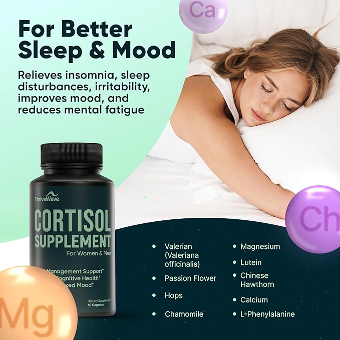 Cortisol Supplements for Women &amp Men - Bacopa Monnieri Lemon Balm Ashwagandha with 5 HTP GABA L-Theanine Supplement - Stress &amp Mood Support for Adults - Happy Pills for Nerve Calm - 60 Cap