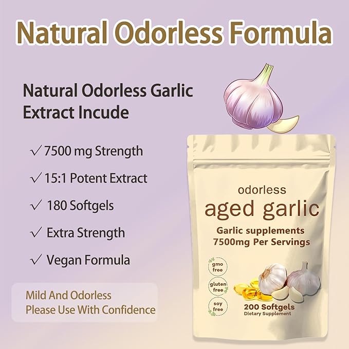 Primus Aged Garlic Extract Supplement - 7500mg Odorless Organic Garlic for Heart &amp Immune Support Non-GMO 200 Count Vegetarian Softgels