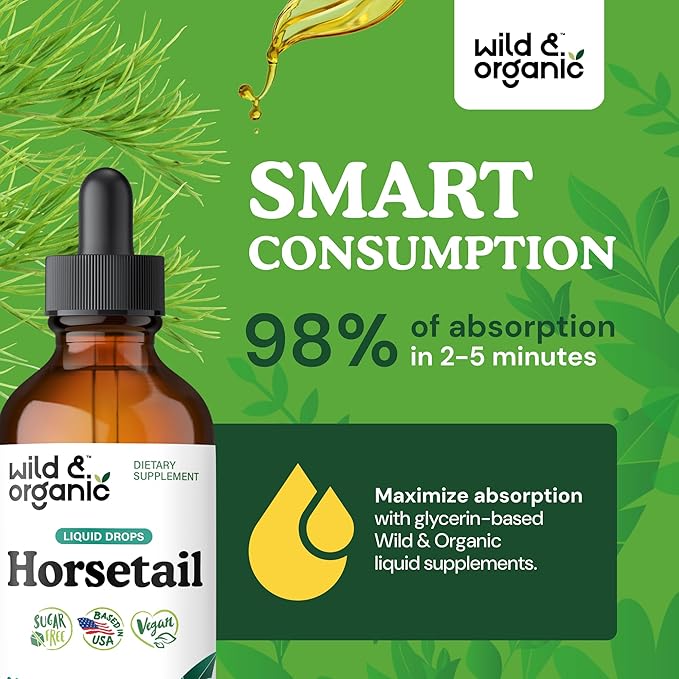 Wild &amp Organic Horsetail Herb Tincture - Hair Skin and Nails Support - Liquid Horsetail Supplement - Vegan Sugar &amp Alcohol-Free Leaf Extract Drops - 4 fl oz
