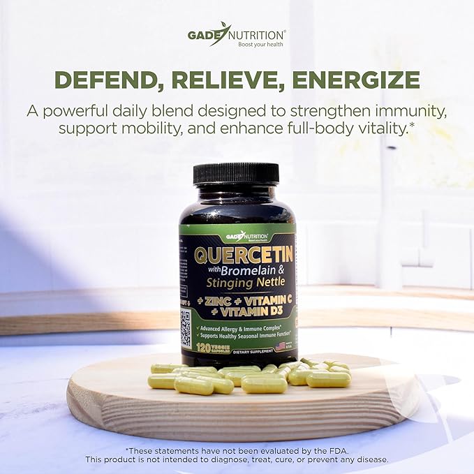 Gade Nutrition Quercetin with Vitamin C Zinc &amp Stinging Nettle - Nettle Quercetin - Quercetin 500mg - Quercetin with Bromelain - Zinc Quercetin + Vitamin D3-360 Veggie Caps - 6 Month Supply