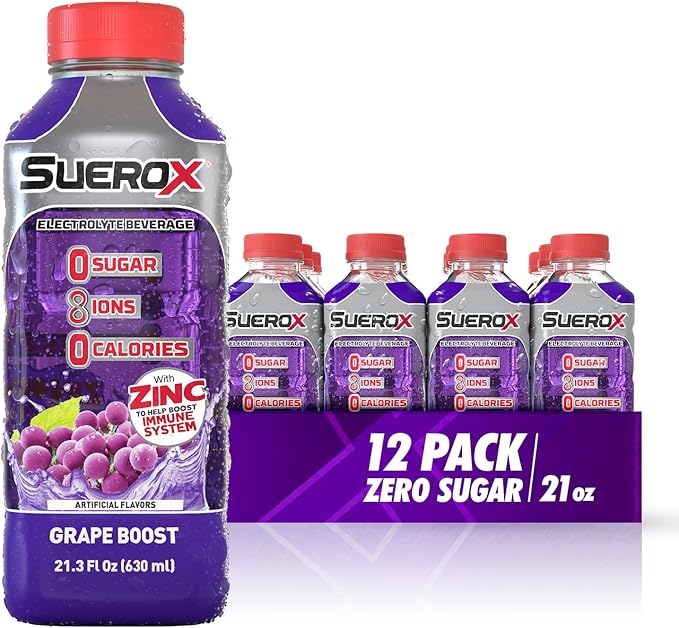 SueroX Sugar Free Sports Drink for Hydration and Recovery Electrolyte Hydration Drink with 8 Ions Zero Calorie Sports Drinks Grape Boost 21.3 Fl Oz 12 Count