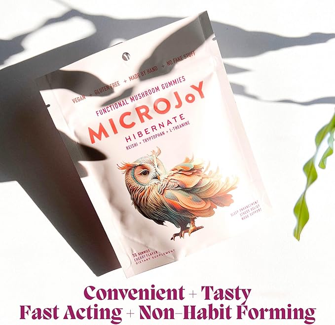 Microjoy Hibernate Gummies – Natural Sleep Aid with Reishi Mushroom – Stress Relief and Mood Support – Vegan Non-GMO Cherry Flavor (30 Gummies)