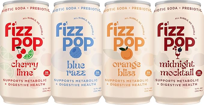 Fizz Pop Metabolic Sparkling Postbiotic and Prebiotic Soda Pop Gut Health Seltzer Water Fiber Drink Metabolism Booster Midnight Mocktail Flavor 12 oz Cans (Pack of 12)