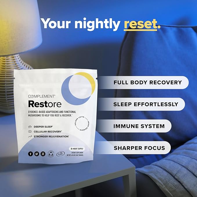 Complement Restore Golden Latte - Calm Magnesium Powder Reishi Ashwagandha Valerian &amp L-Theanine - Deep Sleep Aid Drink Nighttime Recovery Relaxation Adaptogens Mix - No Melatonin (30 Serving