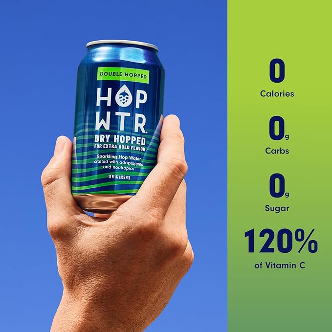HOP WTR Double Hopped Sparkling Hop Water Zero Calories Non-Alcoholic with Adaptogens and Nootropics Sugar Free Gluten Free 12 oz Cans 12 Pack