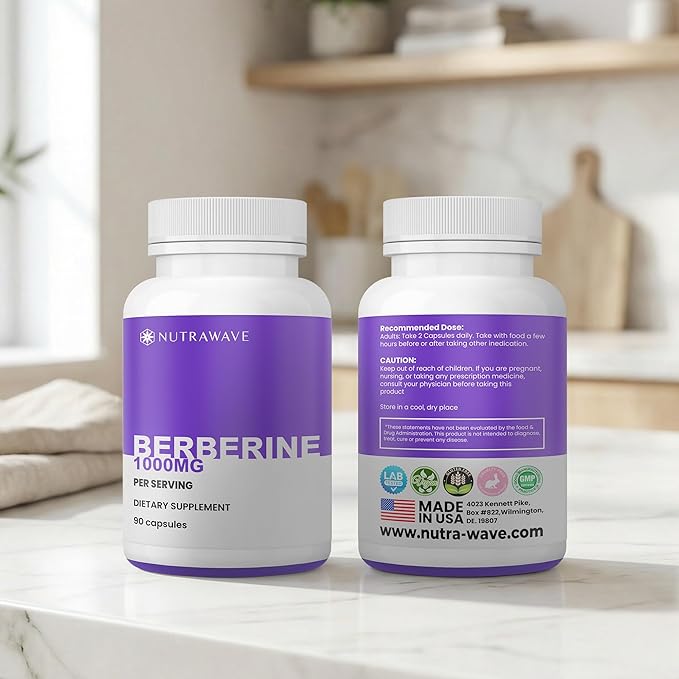 Nutrawave Pure Berberine Maximum Potency - 1000mg Per Serving - 2 Capsules 500mg Each - Supports Blood Sugar Levels Healthy Lipid (Fat) and Glucose Metabolism - Non-GMO Vegan - 2 Pack