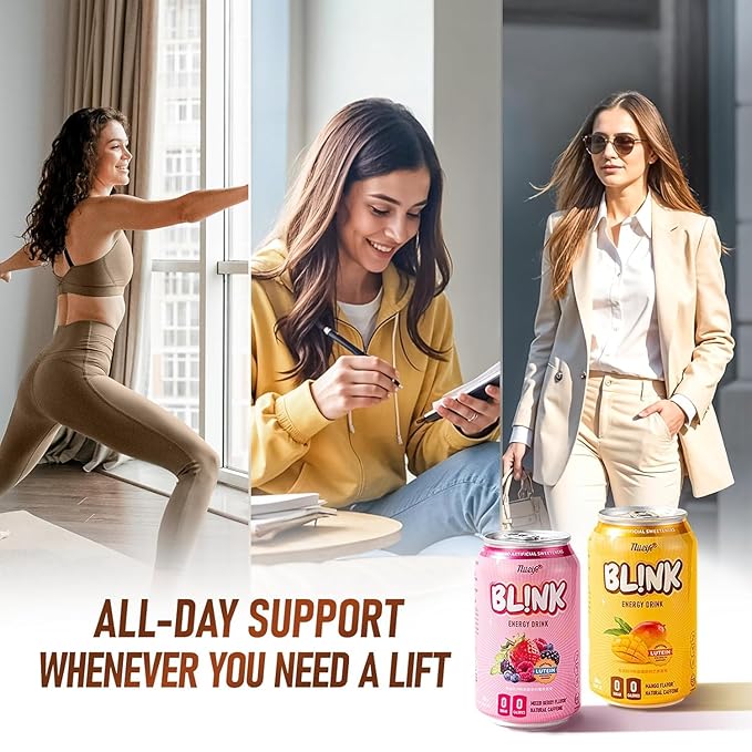 NÜLIFE BL!NK Zero Sugar Sparkling Energy Drink 96mg Natural Caffeine Contains Lutein Clean Energy Drink No Artificial Sweetener Mango Flavor 11.16 Fl Oz (Pack of 12)
