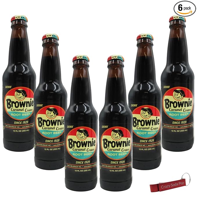 Brownie Caramel Root Beer | Delicious Root Beer with Real Cane Sugar | 12 oz Glass Bottles with Crazy Soda Pop Bottle Opener (6 Pack)