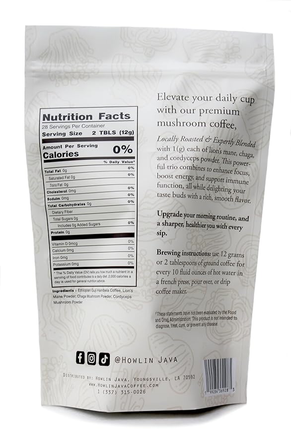Howlin Java Mushroom Coffee Premium Ground Coffee with 1 gram each of Lion's Mane Chaga and Cordyceps. Increase Energy Focus and Immunity with our Adaptogenic blend! 28 servings