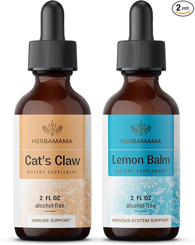 Herbamama Liquid Drops Kit - Bundle of Cat's Claw Extract 2 fl oz and Lemon Balm Tincture 2 fl oz - Vegan Herbal Supplement Liquid Extract - Non GMO Sugar &amp Alcohol-Free - 2 Pack