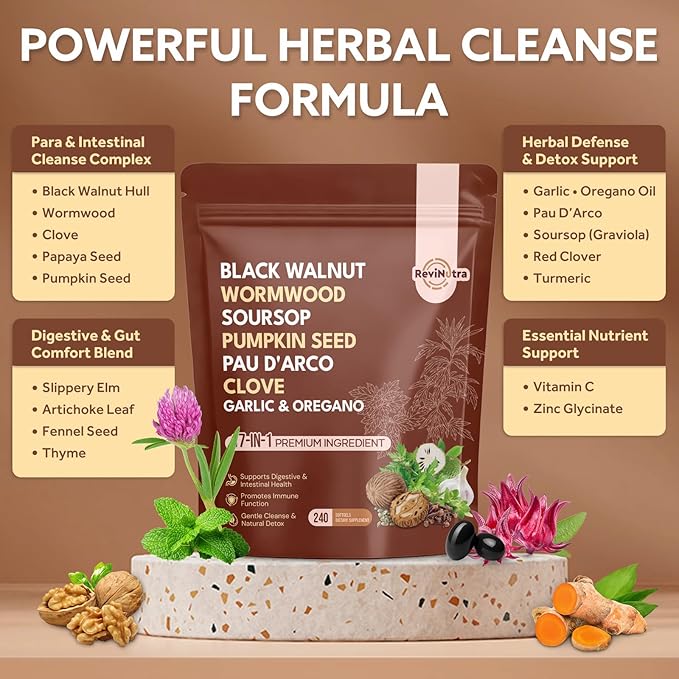 17-in-1 Wormwood Black Walnut Clove Cleanse for Humans Softgels - Support Gut Cleanse &amp Digestive Health with Garlic Pumpkin Seed PAU D'Arco Oil of Oregano Turmeric Zinc Vitamin C 240 Softg