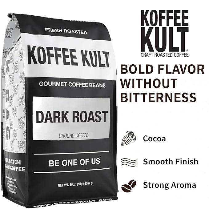 Koffee Kult Dark Roast Ground Coffee - Small Batch Gourmet Aromatic Artisan Blend 100% Organically Sourced Arabica Coffee (Ground 80oz)