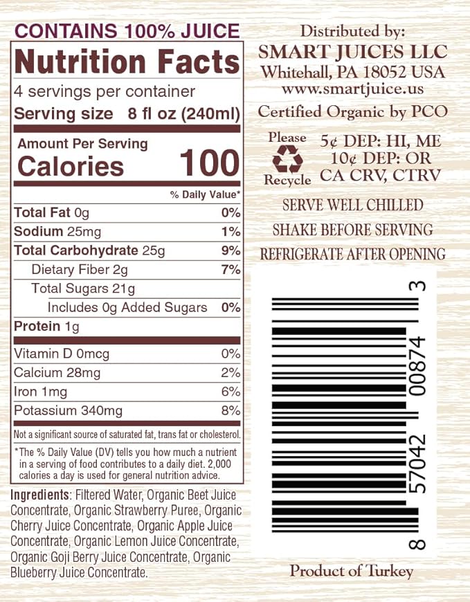 Smart Juice Organic Berry Beet Juice - 32 fl oz glass - (Pack of 6) 100% Juice
