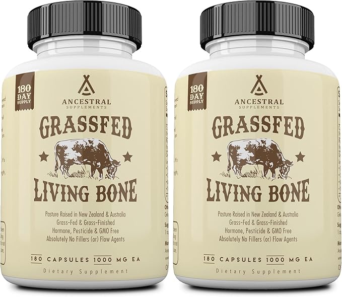 Ancestral Supplements Grass Fed Beef Living Bone Supplement Bone Meal Capsules Support Bone Health Oral and Joint Health and Flexibility Non-GMO 180 Capsules (Pack of 2)