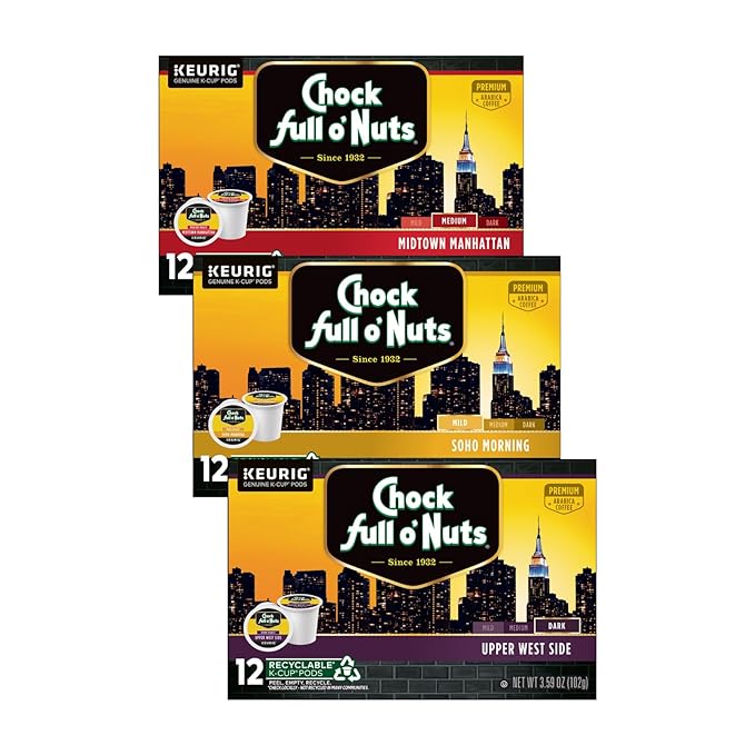 Chock Full o'Nuts Coffee K-Cup Pods (Midtown Manhattan Soho Morning &amp Upper West Side) Variety Pack