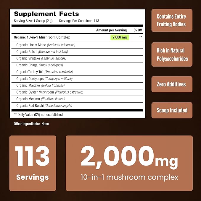 NutraChamps Organic Mushroom Powder - 10-in-1 Complex - Mushroom Supplement Powder Blend for Memory Focus &amp Immune Support - 8oz (8.0 OZ Mushroom Blend)