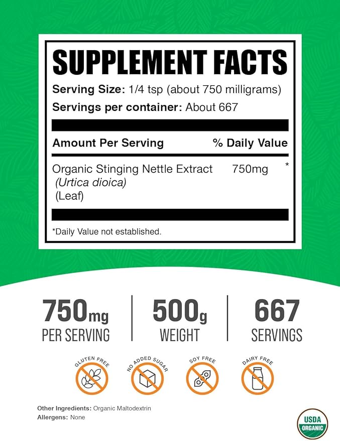 BulkSupplements.com Organic Stinging Nettle Extract Powder - Nettle Leaf Extract Herbal Supplement - Vegan &amp Gluten Free 750mg per Serving 500g (1.1 lbs) (Pack of 1)