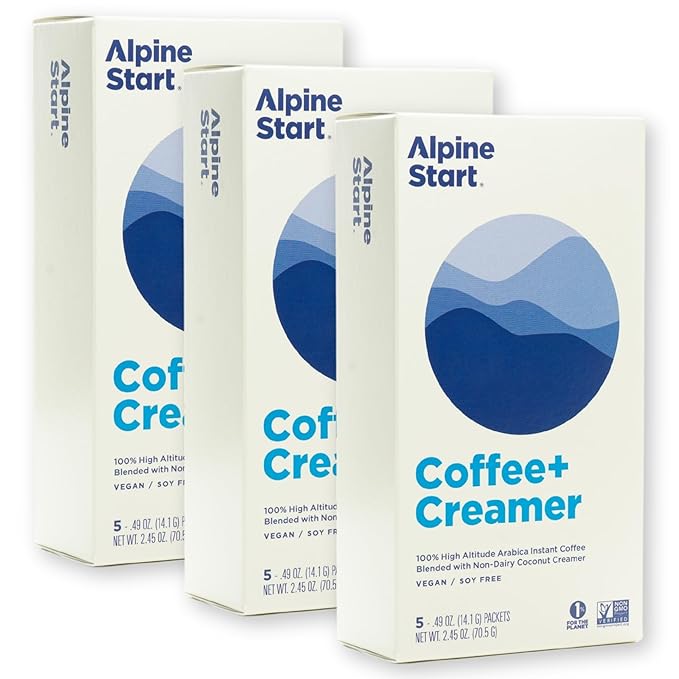 Alpine Start Instant Coffee Original Blend Medium Roast - Individual Powder Mix From High Altitude Arabica Coffee Beans - Hot or Cold Brew for Home Travel Camping Hiking Backpacking (Coffee and Cr