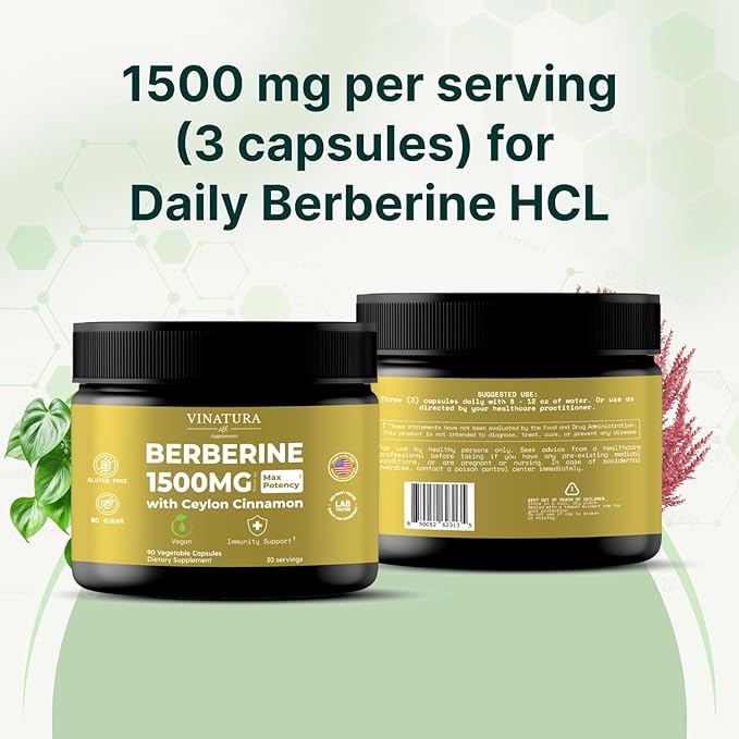 VINATURA Berberine 1500mg - Berberine Supplement with Ceylon Cinnamon Max Potency Berberine HCL - 90 Capsules