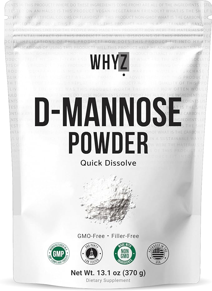 D-Mannose Powder Quick Dissolve Pure Premium Mannose Supplement Essential Powder for Supports Urinary Tract and Bladder Quick Water Soluble Formula for Drinks and Smoothies Vegan Zero-Additives 370g