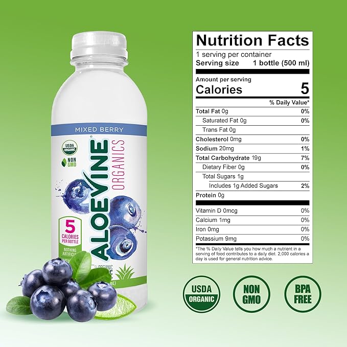 Aloe Vera Juice No-Pulp Organic Drink Healthy with Aloe Powder and Lemon Juice 5 Calories Low Sugar No Artificial Ingredients 16.9 oz 12 Pack Mixed Berry - Aloevine