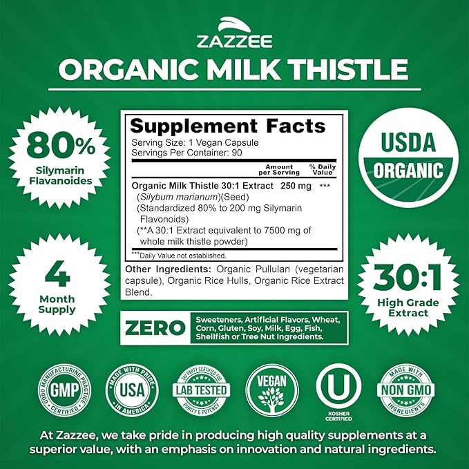 Zazzee USDA Organic Milk Thistle 30:1 Extract 80% Silymarin 90 Vegan Capsules 3 Month Supply Certified Kosher High Potency Liver &amp Antioxidant Support Silybum Marianum Non-GMO Made in the