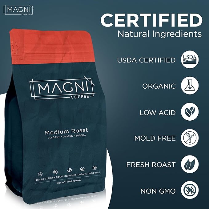 Magni Coffee - Whole Beans - Medium Roast - Low Acid - Single Origin USDA Organic Non-GMO Beans Third Party Tested For Mycotoxins &amp Pesticides - Fair Trade -12 Oz