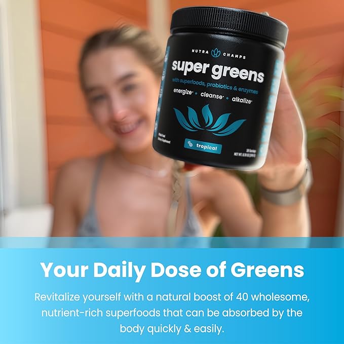 NutraChamps Super Greens Powder Premium Superfood | 20+ Organic Green Veggie Whole Foods | Wheat Grass Spirulina Chlorella | Antioxidant Digestive Enzyme &amp Probiotic Blends (9.1 OZ Tropical)