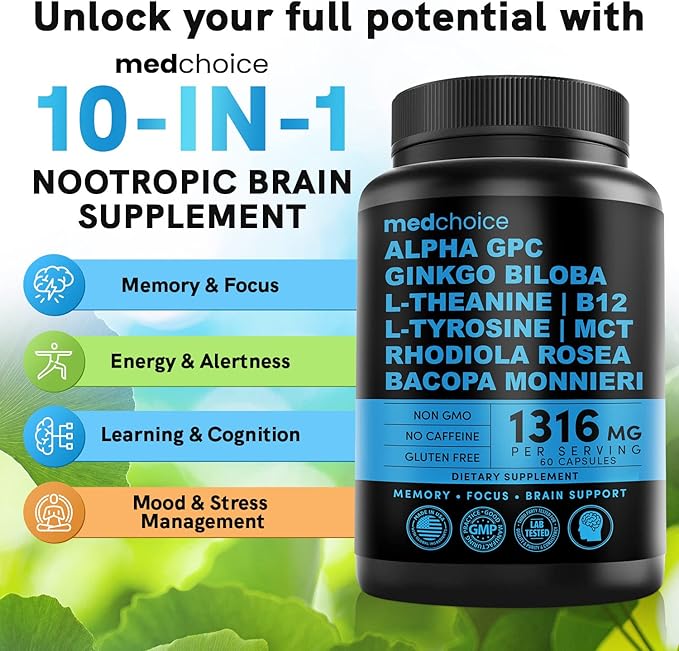 MEDCHOICE Sleep Melatonin (90ct) Turmeric &amp Ginger (120ct) and Nootropic Brain (120ct) Supplement Bundle - Wellness Trio for Brain Sleep &amp Immune Support - Vegan Non-GMO Gluten-Free