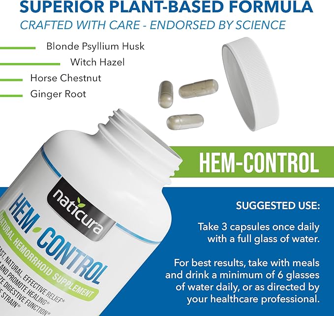 Hem-Control - Fast Effective Hemorrhoid Treatment Supplement - Powerful Formula to Promote Symptom Relief Shrinking of Hemorrhoids Ease Discomfort - 90 Vegan Capsules - Made in USA