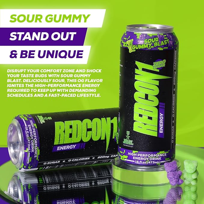 REDCON1 Energy High Performance Drink Sour Gummy Blast - Zero Sugar Energy Drink with Alpha GPC Nootropic - 200mg Natural Caffeine from Green Coffee Beans - Vitamin B6 B12 &amp B5 to Boost Mood (12