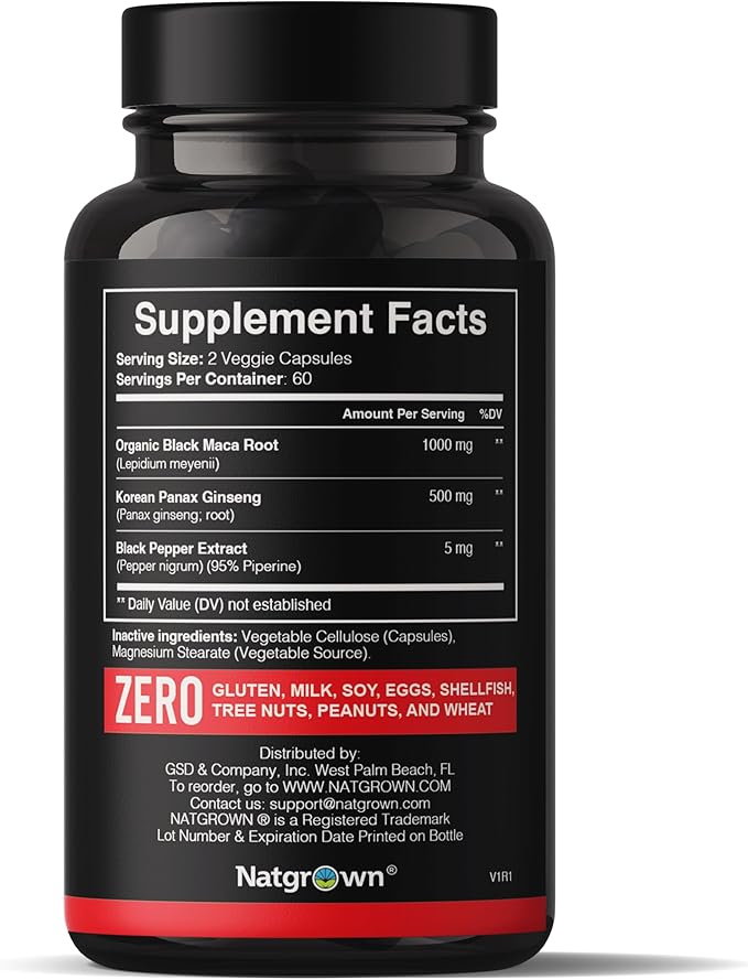 Natgrown Black Maca Root + Panax Ginseng Powder Capsules 1500 mg with Black Peruvian Maca Root &amp Korean Panax Ginseng Supplement for Men and Women - Vegan Pills (120 Count)