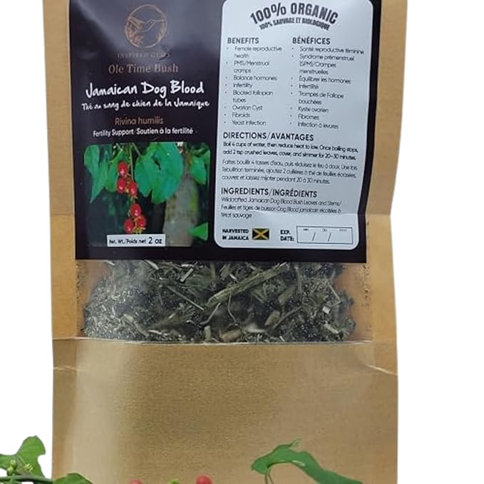 Jamaican Dog Blood Organic Tea (Rivina Humilis) – 4oz (2 x 2oz) – 100% Natural Dried Herbal Leaves – Organic Traditional Jamaican Bush Tea for Adults 18+ – Inspired Gems