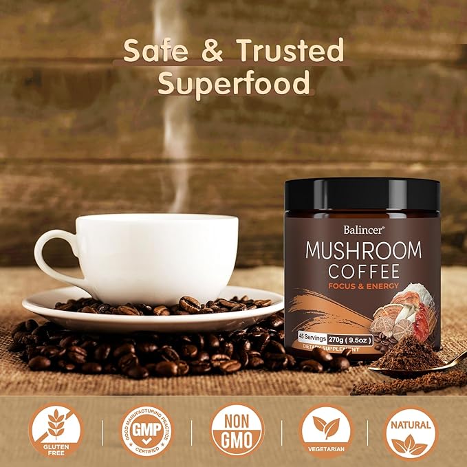 Mushroom Coffee 6 Adaptogenic Mushrooms with Lion's Mane Cordyceps Turkey Tail &amp More Instant Mushroom Coffee for Focus Energy Immune &amp Digestion Support