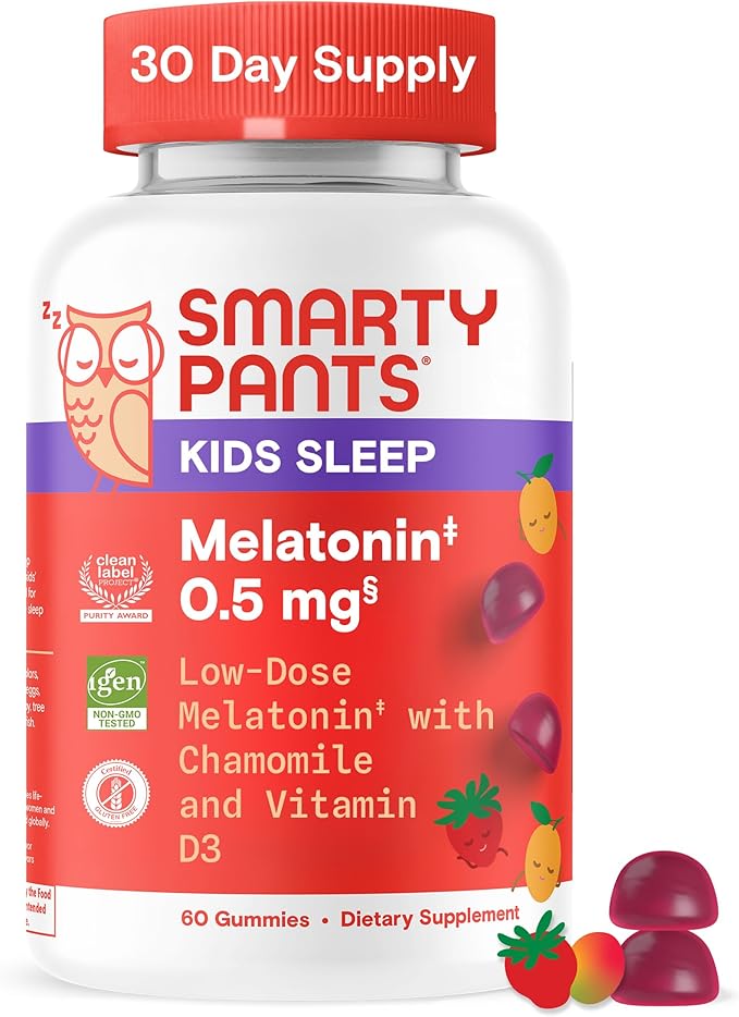 SmartyPants Kids Sleep Gummies Supplement with Melatonin 0.5mg: Chamomile &amp Vitamin D3 Sleep Aid Strawberry Mango Flavor 60 Count
