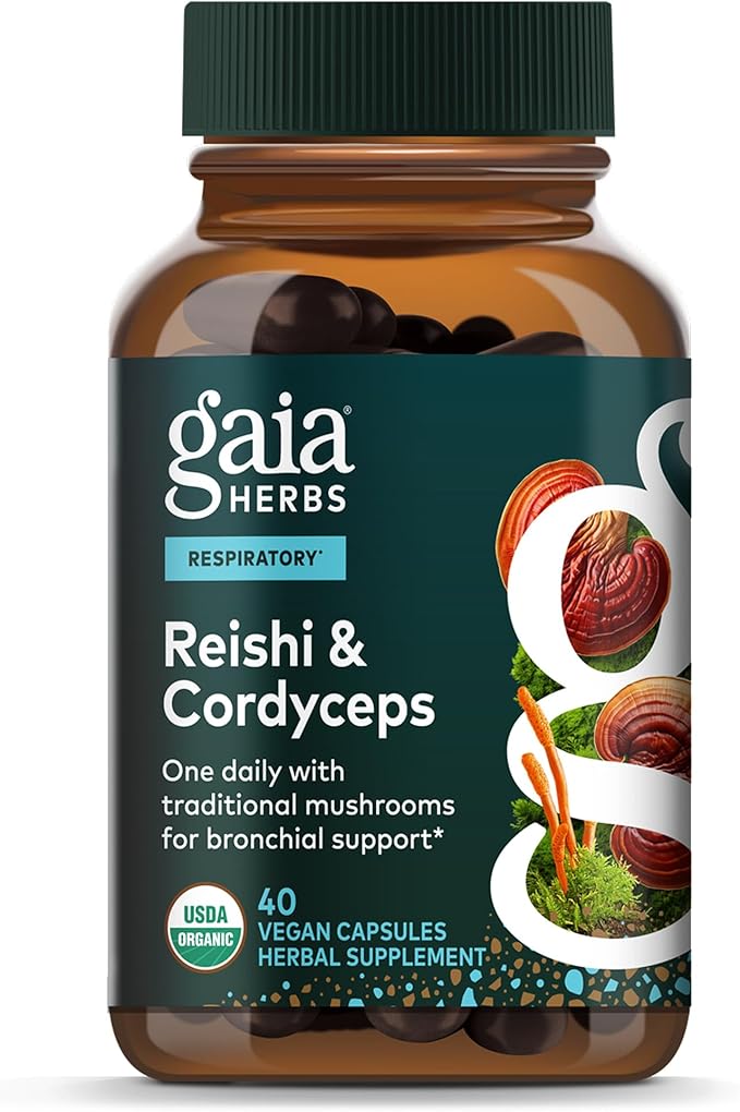 Gaia Herbs Reishi &amp Cordyceps - Immune Support with Mushrooms Traditionally Used to Help Maintain Lung &amp Respiratory Health* - with Reishi &amp Cordyceps - 40 Vegan Capsules (40 Servings)