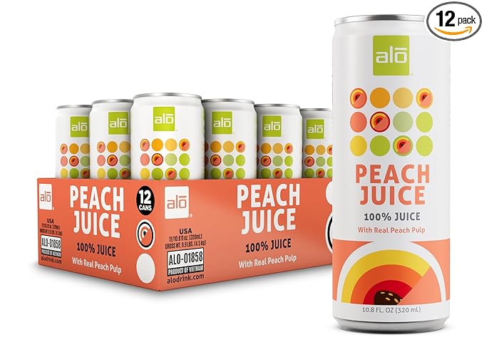 ALO Slim Can Juice Peach with Real Fruit Pulp| 10.82 fl oz Pack of 12 | Plant-Based Beverage 100% Natural Juice