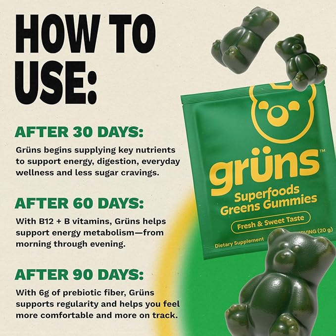 Gruns Adults Super Greens Gummies Multivitamin Superfood Gummy Bears Spirulina Chlorella Prebiotics &amp Fiber Gummies for Digestive Health Adaptogens Supplement 20 Vitamins &amp Minerals 10