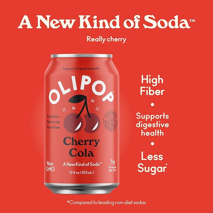 OLIPOP Prebiotic Soda Pop Cherry Cola A New Kind of Soda Packed with Prebiotics Fiber and Botanicals Gluten Free GMO Free 12oz (12-Cans)