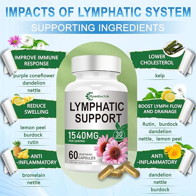 1540mg Lymphatic Drainage Supplements Lymph System Support Supplement for Women Men with Dandelion | Cleavers | Burdock | Echinacea | RutinReduce Swelling Lymphatic Cleanse &amp Detox 60 Capsules