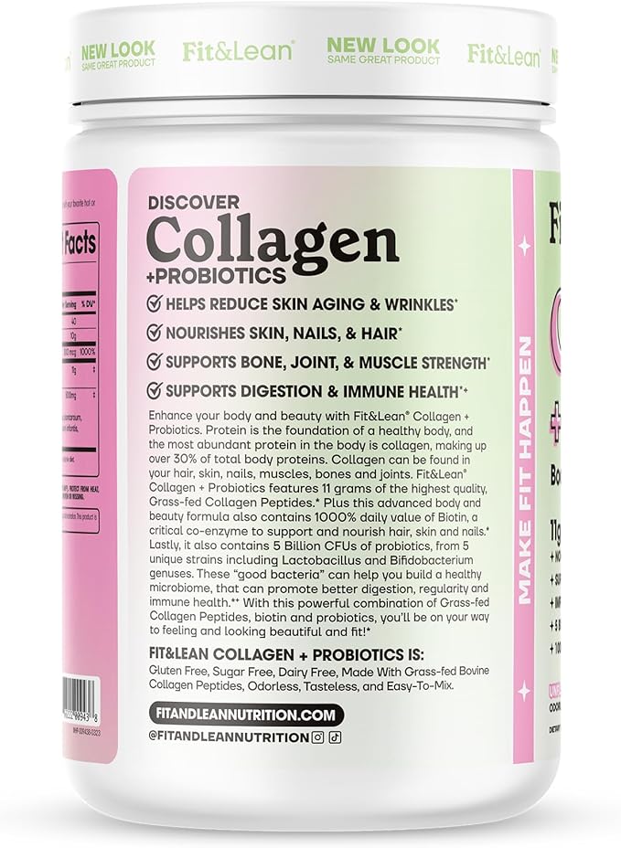 Fit &amp Lean Collagen + Probiotics- Grass-fed Collagen Peptide Powder Unflavored 12.64oz