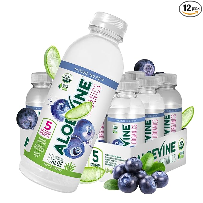 Aloe Vera Juice No-Pulp Organic Drink Healthy with Aloe Powder and Lemon Juice 5 Calories Low Sugar No Artificial Ingredients 16.9 oz 12 Pack Mixed Berry - Aloevine