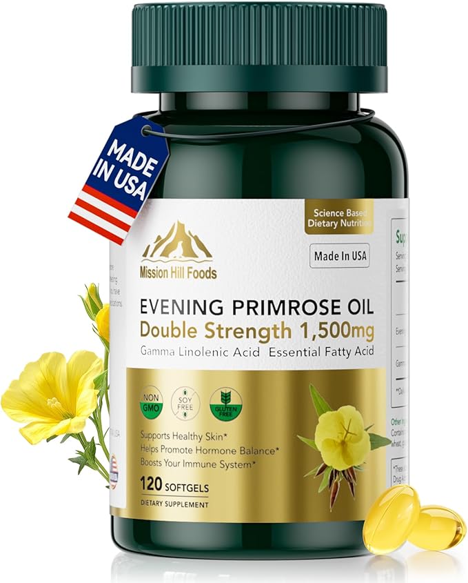 1500mg Evening Primrose Oil Capsules for Women | 240mg High GLA (16%) for Hormonal Balance &amp Skin Health (1 Bottle-120 Softgels-2mo Supply) Menopause Supplements | Non-GMO Gluten-Free Cold Press