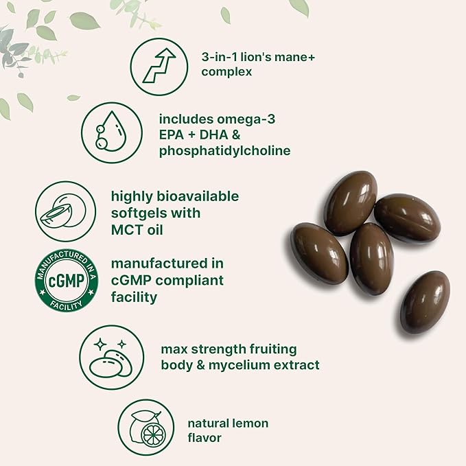 Micro Ingredients Lions Mane+ with Omega-3 EPA DHA &amp Phosphatidylserine – 240 Softgels with MCT Oil for Better Absorption – Fruiting Body &amp Mycelium Superfood Mushroom Extract – Lemon Flavored