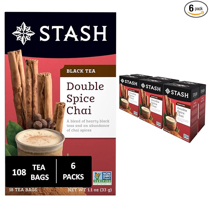 Stash Tea Double Spice Chai Black Tea 6 Boxes With 18 Tea Bags Each (108 Tea Bags Total)