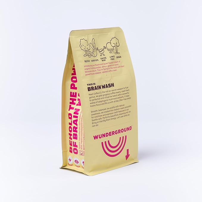 Wunderground's Brain Wash Medium Roast Organic Whole Bean Coffee with Mushroom SuperBoost (12 oz Bag)
