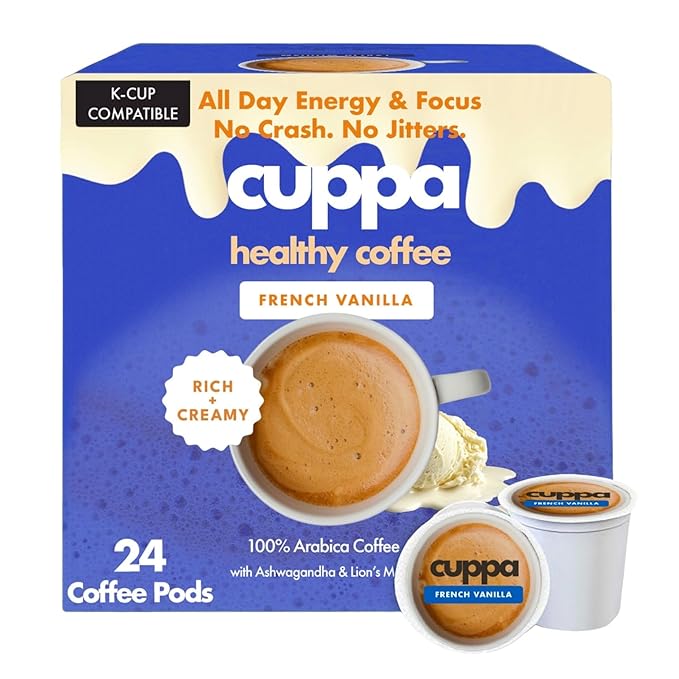 Cuppa French Vanilla Mushroom Coffee with Adaptogens &amp Superfoods - Lion’s Mane Ashwagandha &amp Cordyceps. Adaptogens + MCT to support natural energy mental focus &amp gut health (24 Servings