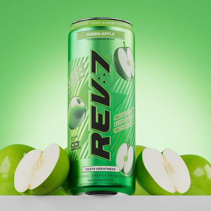 REV7 Energy Drink Caffeine Free Zero Sugar Powered by goBHB Ketones Green Apple - 12ct